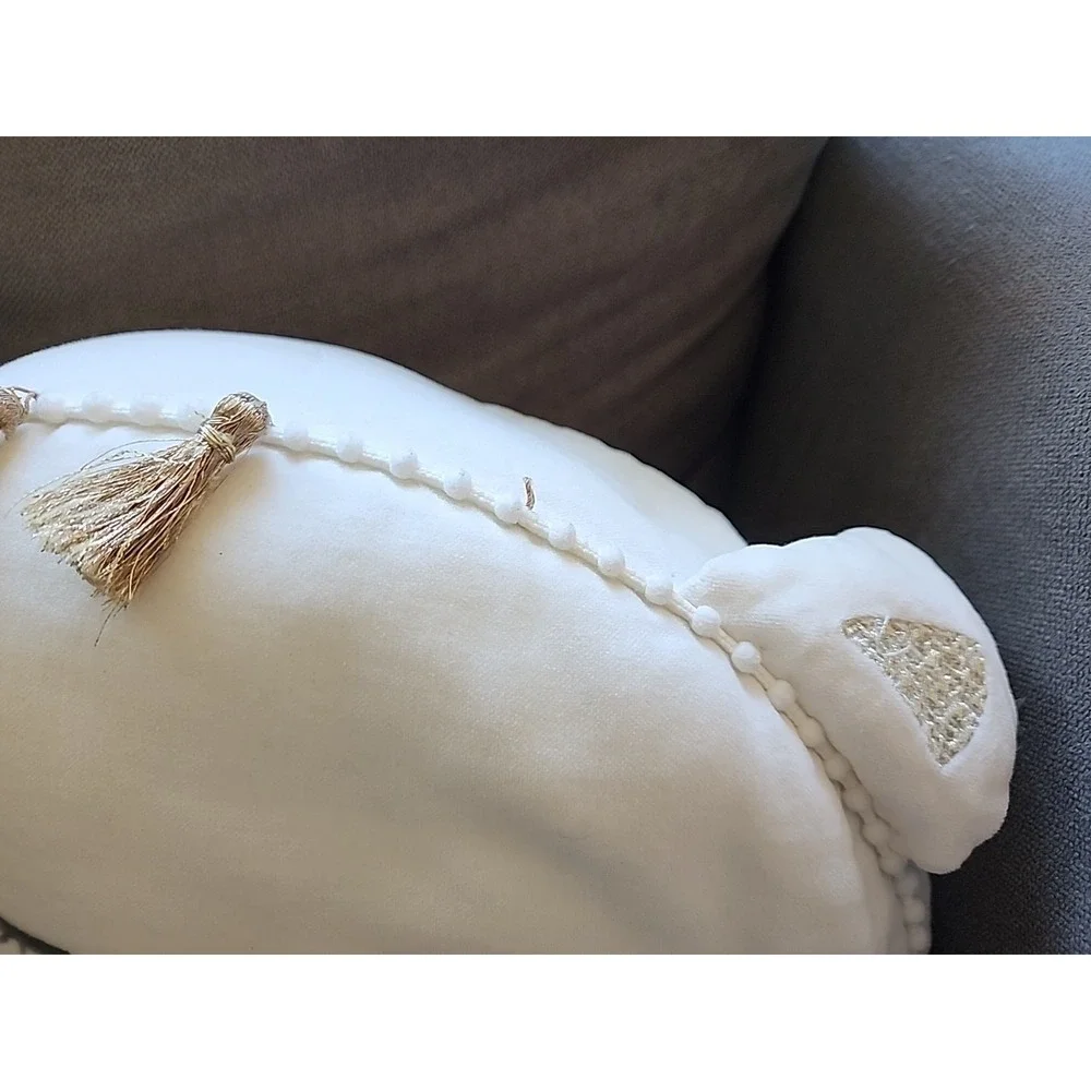Pottery Barn Kids Emily & Meritt White Decorative Cat Pillow Gold Tassels Kitten